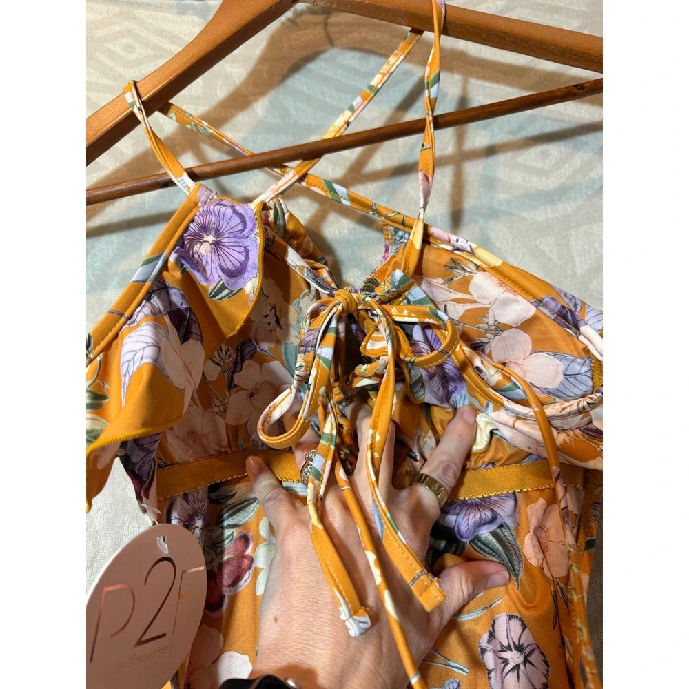 P2F Movement Power to‎ the Flower Floral Ruffle One Piece Swimsuit Mustard Small